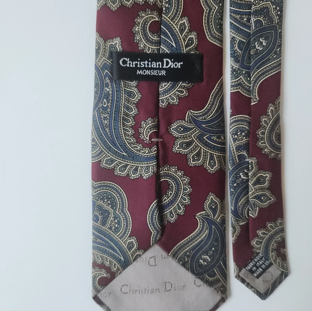 Christian Dior Monsieur 100% Silk Paisley Tie Burgundy Blue Made In Italy